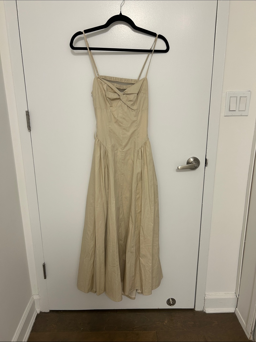 Beige Spaghetti-Strap Maxi Dress with Twist Front and Open Back